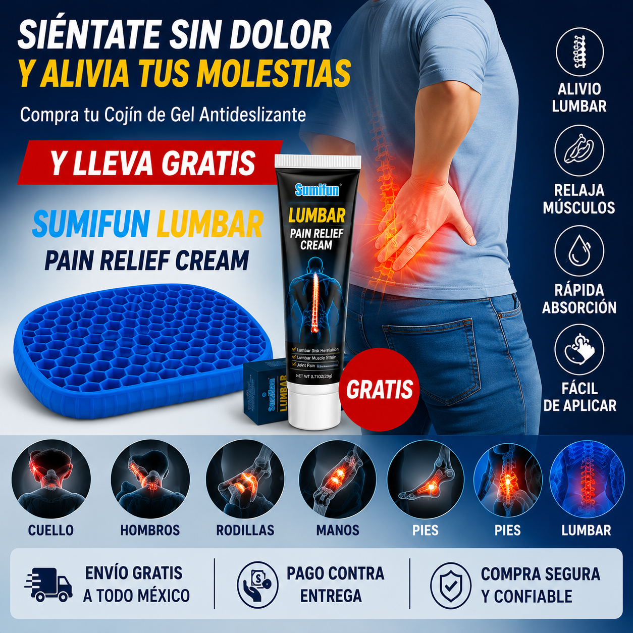 🪑 COJÍN ORTOPÉDICO DE GEL PREMIUM ¡LLÉVATE GRATIS LA CREMA GEL LUMBAR! 🎁