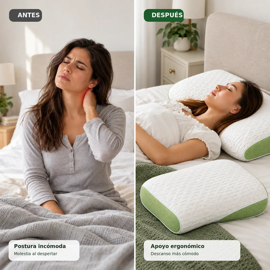 Comparación visual del descanso: postura incómoda y descanso con almohada ergonómica Domiya