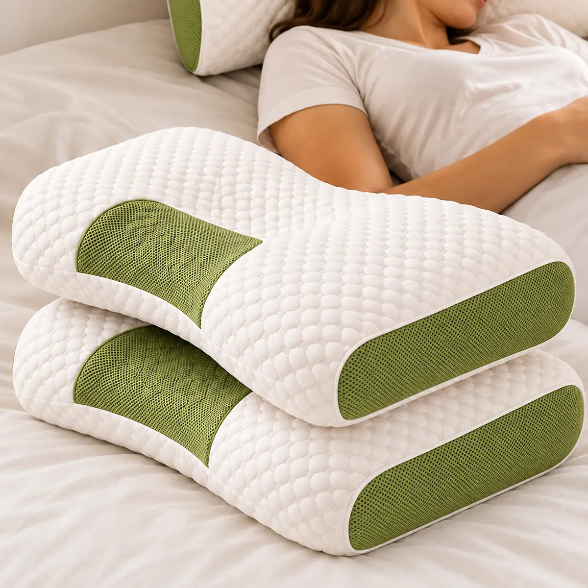 Set de 2 almohadas ergonómicas Domiya sobre una cama