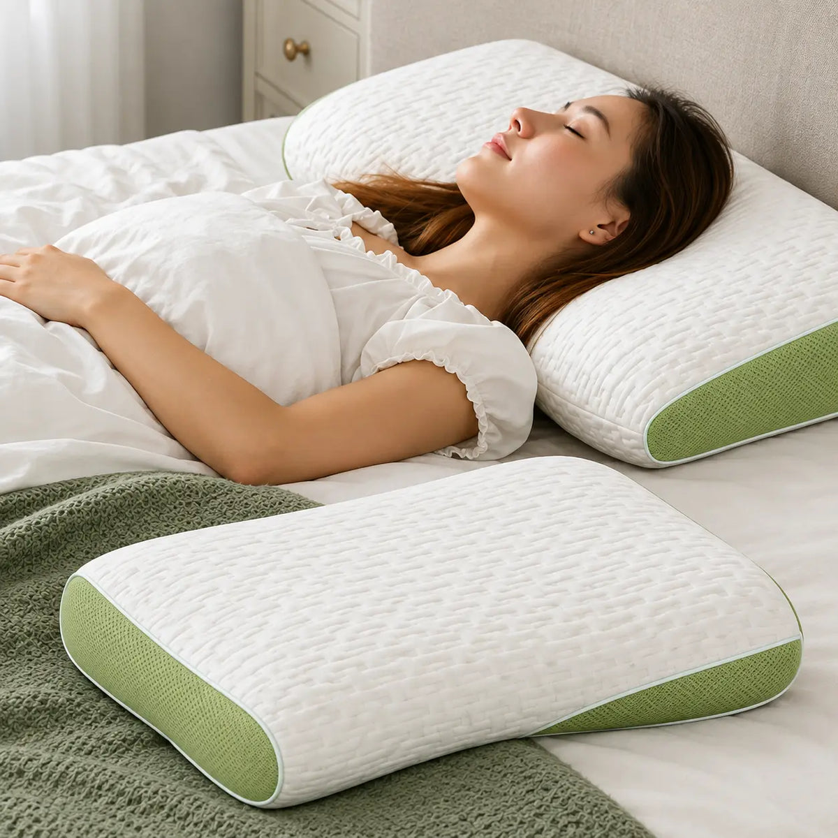 Persona descansando con almohadas ergonómicas Domiya
